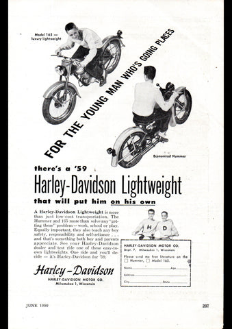 1959 HARLEY DAVIDSON LIGHTWEIGHT MODEL 160 LUXURY HUMMER USA AD ART PRINT POSTER