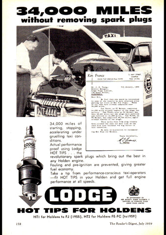 1959 LODGE SPARK PLUG FJ HOLDEN TAXI AUSSIE AD ART PRINT POSTER