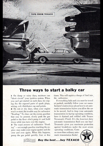 1959 TEXACO PETROLEUM TIP THREE WAY TO START A BULKY CAR CHRYSLER DODGE USA AD ART PRINT POSTER