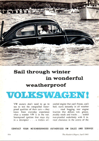 1960 VOLKSWAGEN BEETLE SAILS THROUGH WINTER AUSSIE AD ART PRINT POSTER
