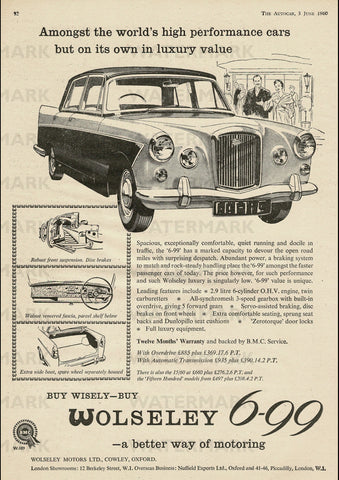 1960 WOLSELEY 6-99 SALOON BMC ENGLISH UK AD ART PRINT POSTER