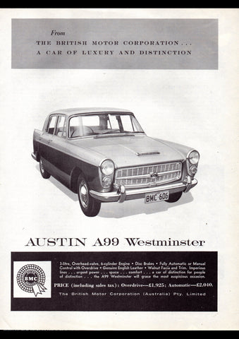 1961 AUSTINWESTMINSTER A99 BMC AUSSIE AD ART PRINT POSTER