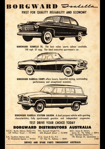 1961 BORGWARD ISABELLA TS SPORTS SALOON COUPE STATION WAGON AUSSIE AD ART PRINT POSTER
