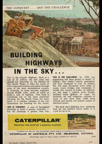 1961 CATERPILLAR BUILDING HIGHWAYS IN THE SKY AUSSIE AD ART PRINT POSTER
