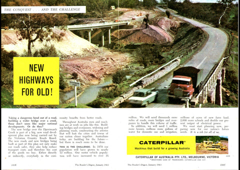 1961 CATERPILLAR NEW HIGHWAYS FOR OLD AUSSIE AD ART PRINT POSTER