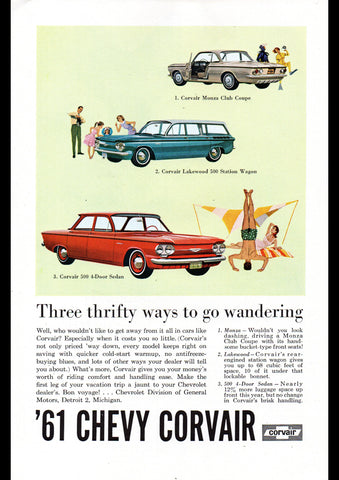 1961 CHEVROLET CORVAIR MONZA CLUB COUPE LAKEWOOD 500 WAGON 4 DOOR SEDAN USA AD ART PRINT POSTER