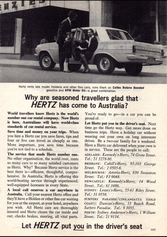1964 HERTZ RENT A CAR EH HOLDEN SPECIAL SEDAN AUSSIE AD ART PRINT POSTER