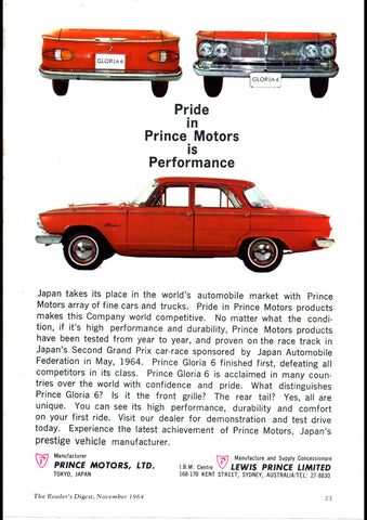1965 GLORIA 6 PRINCE MOTORS AUSSIE AD ART PRINT POSTER