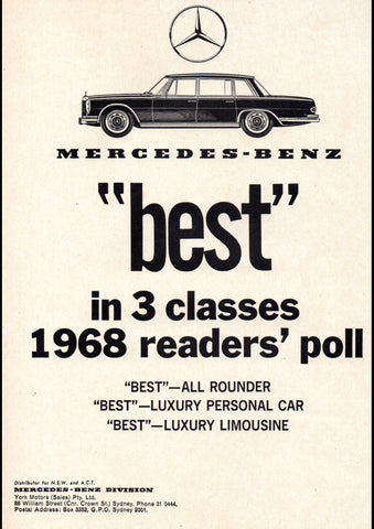 1968 MERCEDES BENZ BEST IN 3 CLASSES AUSSIE AD ART PRINT POSTER