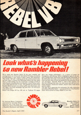 1968 RAMBLER REBEL V8 SEDAN AUSSIE AD ART PRINT POSTER