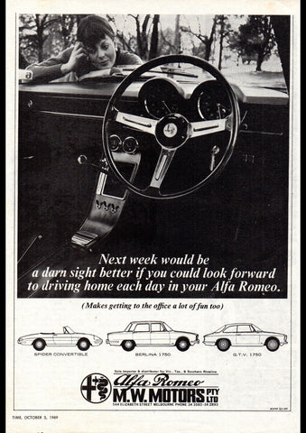 1969 MW MOTORS ALFA ROMEO BERLINA 1750 GTV  AUSSIE AD ART PRINT POSTER