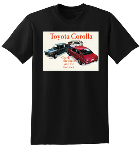 1970 TOYOTA COROLLA 2 DOOR SEDAN WAGON AND FASTBACK REPRO AD TSHIRT