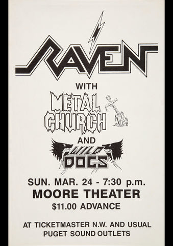 RAVEN METAL CHURCH WILD DOGS MOORE THEATRE 1985 VINTAGE CONCERT POSTER REPRINT