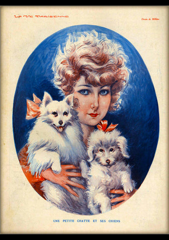 1920s LA VIE PARISIENNE UNE PETITE CHATTE ET SES CHIENS FRANCE TRAVEL AD ART PRINT POSTER